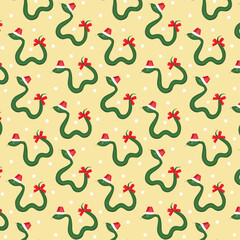 Seamless pattern for gift bag. Green tree snake wearing a red santa claus hat and a red bow ribbon on a gold background. Snow on a yellow background. Vector cartoon illustration for packaging.