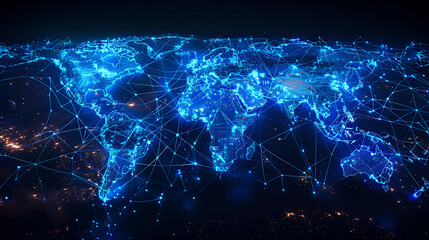 An intricate digital map ablaze with pulsating neon lines, symbolizing the dynamic flow of global data - Generative AI