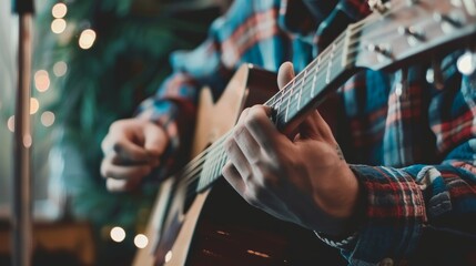 Naklejka premium A man plays a guitar in front of a microphone on a stage