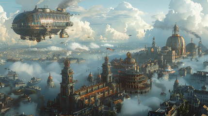 steampunk air city, floating city, sky city, airborne metropolis, cloud city, flying city, steampunk metropolis, aerial city, skyborne city, steampunk sky city, steampunk floating city, steam-powered 