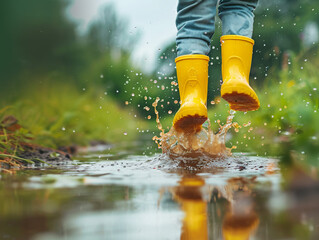 A child jumps through puddles in yellow boots.Generative AI