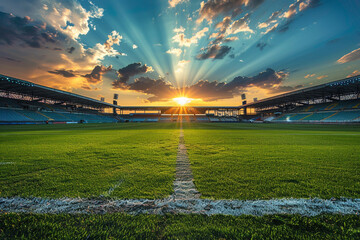 Sunset Rays over an Empty Soccer Stadium Ready for Action 