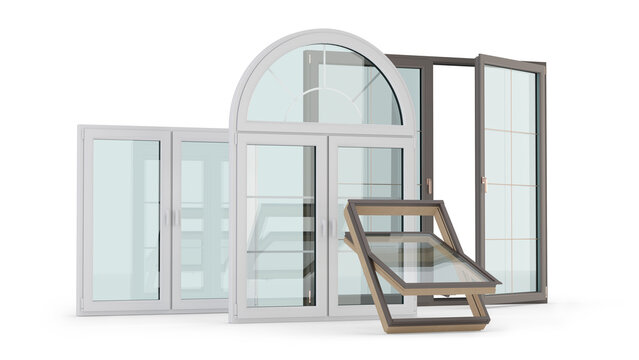 Windows Collection. Wood and plastic windows with transparent background. 3d illustration