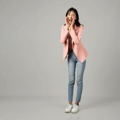 full lenght shoot of happy asian woman shouting with cupping hand. wearing formal casual outfit on...