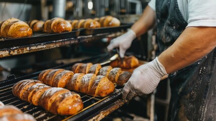 A baker is arranging newly baked bread on a cooling rack in a bakery