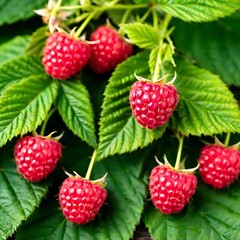 An image featuring vibrant raspberries adorned with lush green leaves set 