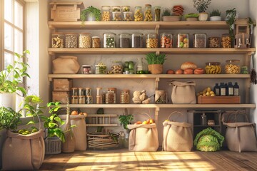 Sunlit Rustic Pantry with Preserved Goods