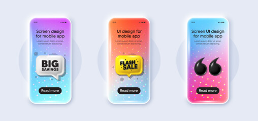 Phone 3d mockup gradient screen. Big savings tag. Special offer price sign. Advertising discounts symbol. Big savings phone mockup message. Flash sale chat speech bubble. Yellow text box app. Vector