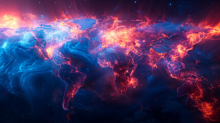 An intricate digital map ablaze with pulsating neon lines, symbolizing the dynamic flow of global data - Generative AI