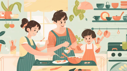 A woman and two children are cooking together in a kitchen