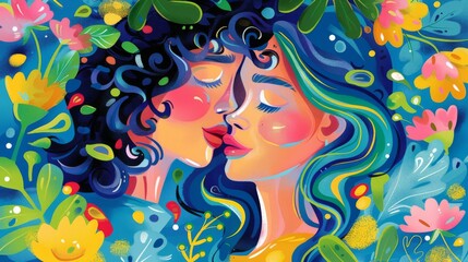 An illustrated couple in an affectionate embrace surrounded by vibrant flowers and a whimsical design.