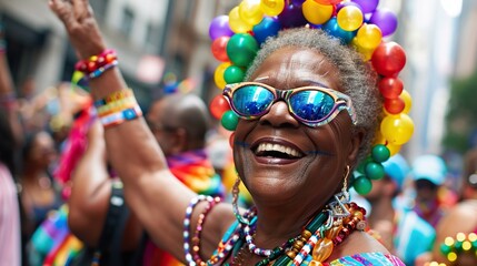 a woman wearing sunglasses and a colorful necklace stands among a crowd of people, with an open mouth and a colorful bead visible in the foreground