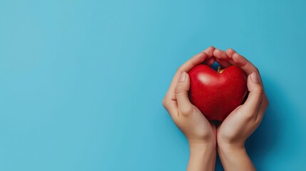 a person's hand holding a red apple with a brown stem against a blue background