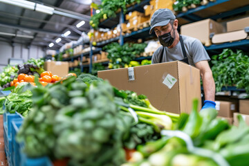 Delivery service in warehouse or distribution, cardboard box and man pushing a cart food parcel .