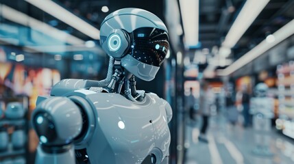 close up of a gray robot looking to the right with a blurred background of a busy shopping mall