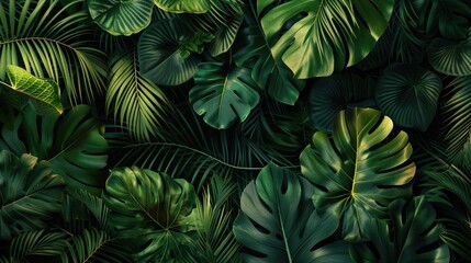 A cluster of tropical leaves with varying textures and shades of green, featuring an open area for text placement