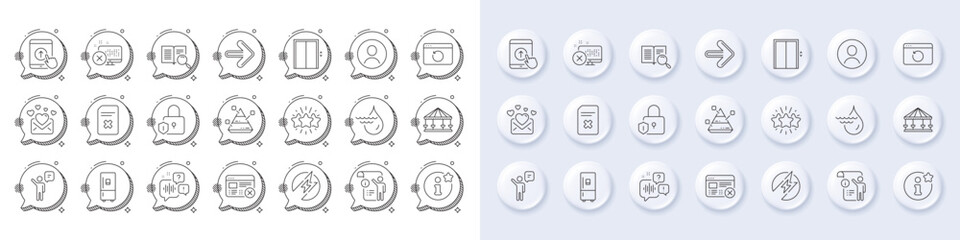 Hydroelectricity, Swipe up and Lift line icons. White pin 3d buttons, chat bubbles icons. Pack of Electric energy, Next, Reject web icon. Reject access, Star, Lock pictogram. Vector