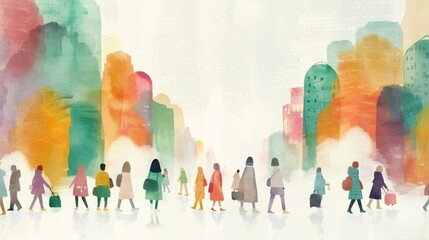 Naklejka premium Abstract illustration of a bustling crowd of people moving with a cityscape background, in soft motion blur effect with vibrant colors.