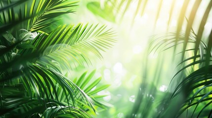 Obraz premium A fresh green background of tropical leaves with light filtering through, providing a serene area for text or patterns