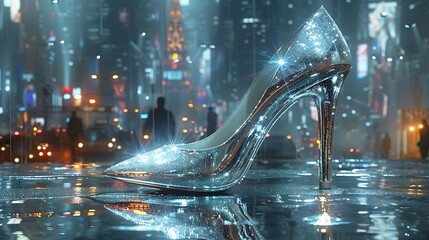 Metallic silver stilettos, catching the light of a bustling cityscape, embodying the spirit of glamour and urban sophistication.