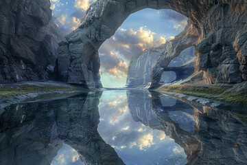 Surreal landscape featuring reflective glossy water surfaces and mirror-like textures juxtaposed with rugged, natural rock formations, creating a dreamlike scene 