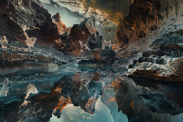 Surreal landscape featuring reflective glossy water surfaces and mirror-like textures juxtaposed with rugged, natural rock formations, creating a dreamlike scene  - Powered by Adobe