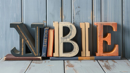 Letter bookends with different books on gray wooden table