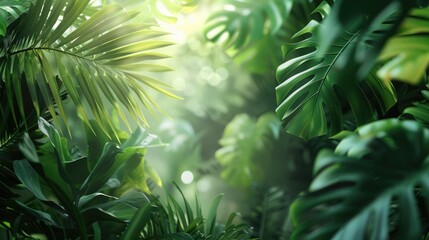A fresh green background of tropical leaves with light filtering through, providing a serene area for text or patterns