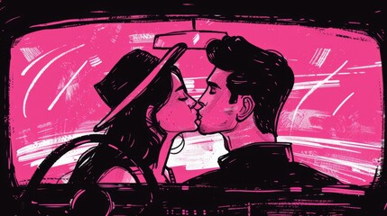 Obraz premium A stylized illustration of a young couple kissing inside a car, depicted against a vibrant pink background.