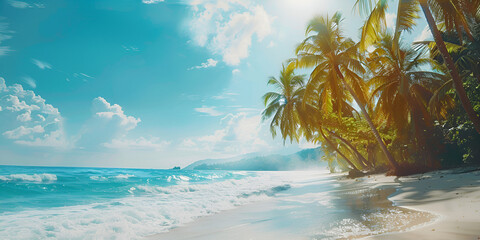 A beach with palm trees, white sand, and blue water beach party concept