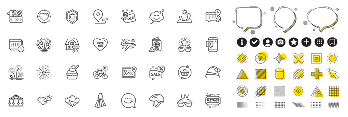 Set of Home grill, Carousels and Weather phone line icons for web app. Design elements, Social media icons. Refresh cart, Love you, Sunglasses icons. Vector
