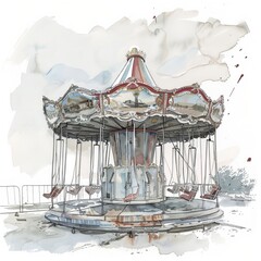 Watercolor painting of an abandoned carousel in an empty amusement park, rendered in shades of gray to convey a sense of nostalgia and melancholy, Generative AI 
