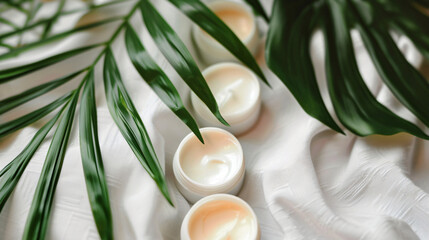 Lip balms and palm leaf on white fabric closeup. 
