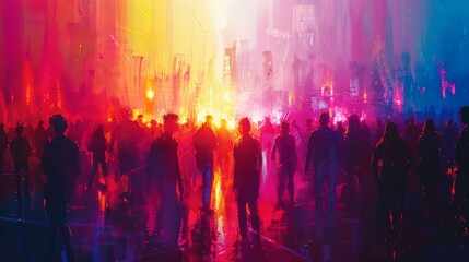 A lively crowd dancing to pop music at an outdoor summer festival, with vibrant lights and a high-energy atmosphere