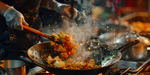  chef is cooking a dish in a wok, flinging ingredients into the air, with tomatoes, corn, and carrots.