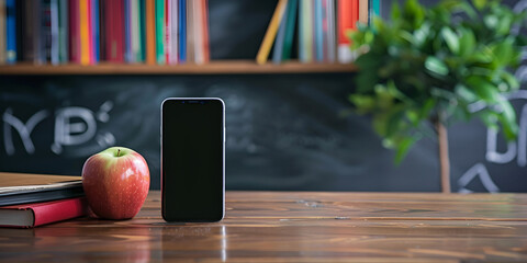 A blank screen smartphone, an apple, and some books are placed on school table school supplies back to school concept 