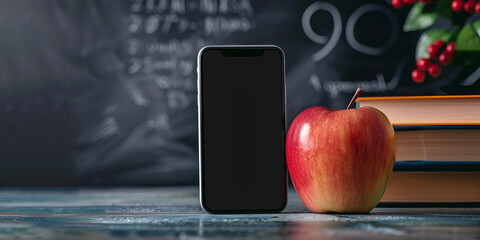 A blank screen smartphone, an apple, and some books are placed on school table school supplies back to school concept 