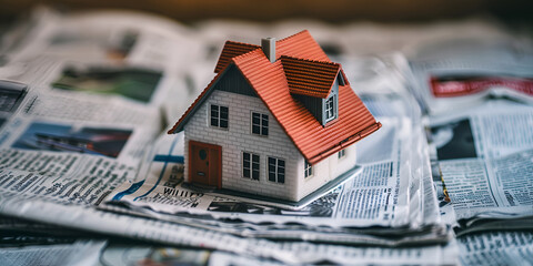 charming miniature house model placed small model house sits on top of a pile of newspaper
