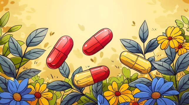 Illustration of colorful pills floating over a floral background with a warm tone.