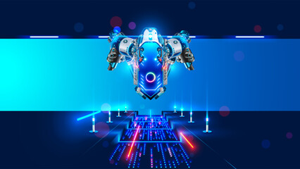 Spaceship lands on space base in outer space. An illustration of science fiction spaceship hovering over landing pad. Runway lights are on at cosmodrome. Space shuttle has arrived on planet. © AndSus