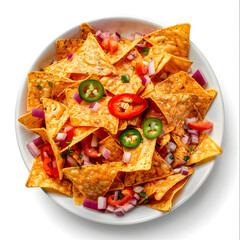 Plate of nachos corn chips with pepper, top view, isolated on white background,