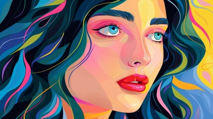 A vibrant illustration of a young woman with stylized features and colorful wavy hair.