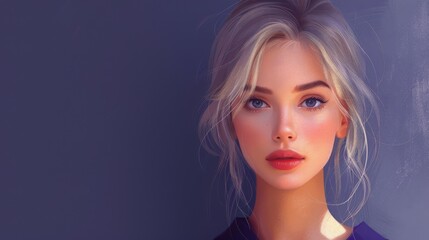 Naklejka premium Illustration of a young blond woman with striking blue eyes against a grey background.