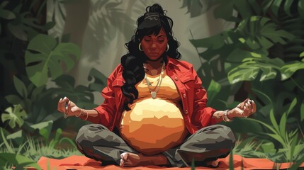 Illustration of a pregnant woman in her third trimester practicing prenatal yoga outdoors, surrounded by plants.