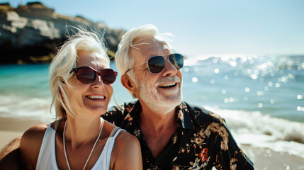 An elderly couple smiles joyfully while enjoying a sunny day at the beach. A Happy Senior man and woman Enjoying vacation Day by the sea
