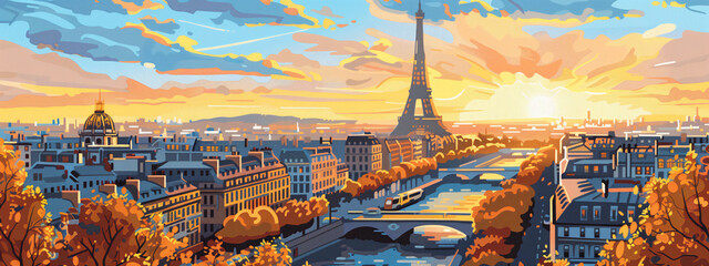 Naklejka premium Colorful drawing of Paris with the Eiffel Tower in the background