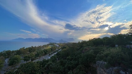 Obraz premium sunset in the mountains, Panoramic view of the sea, mountains and Antalya beach