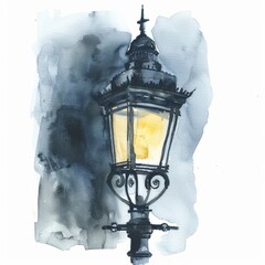 Watercolor painting of an old-fashioned street lamp glowing softly in the darkness, depicted in shades of gray to evoke a sense of nostalgia and roman, Generative AI