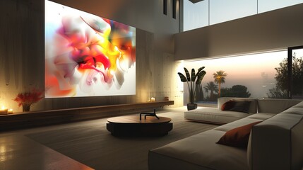 A contemporary living room featuring a wall-mounted digital art display that changes images