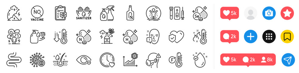 Intestine, Myopia and Alcohol addiction line icons pack. Social media icons. Coronavirus, Medical mask, No vaccine web icon. Wash hands, Eye checklist, Life insurance pictogram. Vector